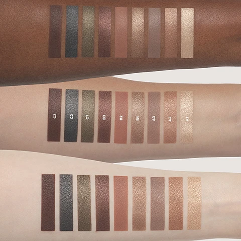 Image 1 - Ten rectangular eyeshadow swatches are displayed on three different skin tones, ranging from dark to light, showcasing various shades from deep matte browns and shimmery greens to light shimmery golds and soft pinks, with the swatches on the middle arm individually labeled C3, C2, C1, B3, B2, B1, A3, A2, A1. Image 2 - An open dark green eyeshadow palette with nine shades in browns, oranges, greens, and grays, and a mirror in the lid, alongside text: FULL-PIGMENT, EASY-TO-BLEND FORMULAS WITH BUILDABLE INTENSITY; INCLUDES 3 RICH MATTES + MOLTEN METALLICS FOR DIMENSIONAL LOOKS; PORTABLE COMPACT INCLUDES A MIRROR FOR ON-THE-GO GLAM. Image 3 - A four-panel image displays a makeup tutorial, with the top left panel showing a brush applying eyeshadow to the eyelid, captioned Apply B3 all over the lid + blend towards the crease; the top right panel shows a brush blending eyeshadow into the crease and outer corner, captioned Apply B3 through the crease + C3 in the outer corner; the bottom left panel shows a brush applying eyeshadow to the lower lash line and inner corner, captioned Apply C3 to the lower lash line + B1 to the inner corner; and the bottom right panel shows a completed eye makeup look, captioned FINISHED LOOK. Image 4 - A four-panel image demonstrates eyeshadow application steps on an eye, showing a brush applying C2 all over the lid + blend towards the crease, then a brush applying C3 to the lower lash line, followed by a brush applying A1 to the inner corner, concluding with the FINISHED LOOK of the eye with dark eyeshadow and eyeliner.