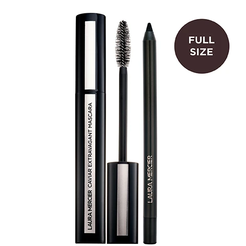 Image 1 - A black Laura Mercier Caviar Extravagant Mascara tube with its brush and a black Laura Mercier eyeliner pencil are shown next to a dark brown circle with the text Full Size. Image 2 - A broad, curved black mascara swatch is on the left, next to a thinner, wavy black eyeliner swatch on the right, with the texts Caviar Extravagant Mascara in Black and Caviar Tightline Eyeliner in Tuxedo. Image 3 - A split image shows a close-up of a blue-grey eye, with natural, short lashes on the left and long, thick, dark, mascara-applied lashes on the right, with the text UNRETOUCHED LASHES at the top, and Natural on the bottom left, and Extravagant on the bottom right. Image 4 - A four-panel image showing three close-ups of different models eyes with black tightline eyeliner: top left has a grey-green iris, top right has a dark brown iris, and bottom left has a hazel-green iris; the bottom right panel is a solid dark grey background with white text that reads Caviar Tightline Eyeliner Tuxedo. Image 5 - A black eyeliner pencil and mascara tube stand next to a pink and gold box with a red macaron on top, with text overlays 2X VOLUME AND LENGTH, 12HR LONGWEAR, LAURA MERCIER on the eyeliner, LAURA MERCIER CAVIAR EXTRAVAGANT MASCARA on the mascara, and LAURA MERCIER PARIS NEW YORK on the box. Image 6 - A close-up of a persons eye with dark skin, shimmery pinkish-bronze eyeshadow, and voluminous dark eyelashes, with text that reads: THIS MODEL IS WEARING: Caviar Tightline Eyeliner in Espresso Caviar Extravagant Mascara Caviar Stick Eye Shadow in Rose Meringue, Strapless, and Wild Rose. Image 7 - A mascara brush is shown in two close-up views, one a side profile with labels Shorter Bristles Lengthen and Longer Bristles Volumize, and the other an end-on clover shape view with labels Lifting Fibers and Lash Coating Wells, accompanied by the text Exclusive Clover Shape, Grips Every Lash, Builds intense volume and extreme lift with every stroke.