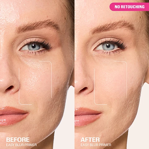 Image 1 - Close-up split image of a womans face showing smoother skin after using primer compared to before, with text that says BEFORE EASY BLUR PRIMER, AFTER EASY BLUR PRIMER, and NO RETOUCHING. Image 2 - A womans face shown in three steps of a makeup routine with text THE EASY ROUTINE PRIME hudabeauty EASY BLUR PRIMER BLUR MACCHIATO 400G hudabeauty EASY BLUR EASY BAKE LOOSE POWDER BAKE PEACH PIE hudabeauty EASY BAKE LOOSE POWDER. Image 3 - A close-up of a persons face with liquid on the cheek, a finger touching the skin, and text BOOSTS HYDRATION MILK THISTLE EXTRACT & GLYCERIN BLURS PORES WATER CAPSULE POLYMER NON-COMEDOGENIC. Image 4 - Two black tubes of Huda Beauty Easy Blur Primer, one full size and one mini or travel size, with a swirl of pink primer and the text EASY BLUR PRIMER, TRAVEL SIZE, FULL SIZE, MINI EASY BLUR PRIMER, hudabeauty, silicone-free smoothing primer, base de teint lissante sans silicone, 30 ML / 1 FL. OZ, 10 ML / 0.33 FL. OZ.