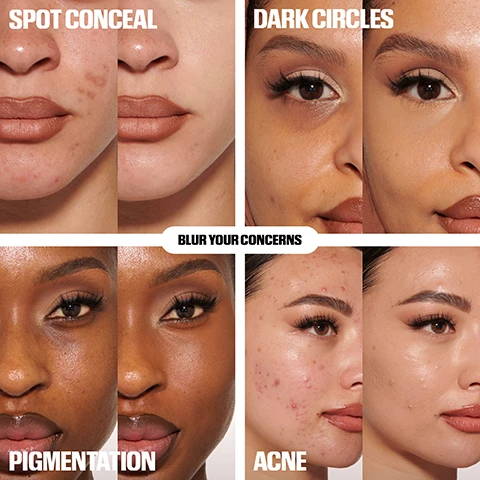 Image 1 - A four-panel grid displays before and after comparisons of different skin concerns: a light-skinned persons lower face showing spot conceal, a medium-skinned persons upper face showing dark circles, a dark-skinned persons face showing pigmentation, and another light-skinned persons face showing acne, with the visible text SPOT CONCEAL, DARK CIRCLES, PIGMENTATION, ACNE, and a central banner reading BLUR YOUR CONCERNS. Image 2 - A grid of six diverse models showcasing different skin tones, each with a product shade name and number beneath them; the image also contains the text SHADE NAVIGATION, HONEY 1.7B, COCONUT FLAKES 2.7N, SUGAR BISCUIT 3.5N, COOKIE DOUGH 4.3N, PRALINE 6.3N, CRUMBLE 7.1N. Image 3 - A composite image displays a models under-eye area before and after makeup application, showing dark circles on the left and a brightened, concealed appearance on the right, with three bottom panels illustrating a step-by-step routine featuring a color corrector, matte concealer, and loose powder alongside their product images, and visible text includes BEFORE, AFTER, THE ULTIMATE UNDEREYE ROUTINE, #FAUXFILTER COLOUR CORRECTOR, #FAUXFILTER MATTE CONCEALER, and EASY BAKE LOOSE POWDER. Image 4 - A woman holds a concealer applicator near her cheek and a small bottle of concealer, with text that reads 16HR WEAR, CREAMY & BLENDABLE, CREASE-PROOF, LIGHTWEIGHT, and hudabeauty. Image 5 - An image titled Complexion Pairings displays a chart matching #FauxFilter Concealer and Easy Bake Setting Powder shades to six different skin tones, with concealer shades including Honey 1.7B, Coconut Flakes 2.7N, Sugar Biscuit 3.5N, Cookie Dough 4.3N, Praline 6.3N, and Crumble 7.1N, alongside powder shades Pound Cake, Cupcake, Peach Pie, Peach Pie, Ube Birthday Cake, and Kunafa. Image 6 - A makeup applicator with a drop of beige foundation on its bristles is shown next to text that reads: NON-COMEDOGENIC, VITAMIN C PROTECTS, SWEET ALMOND OIL GOOD FOR DRY SKIN, FRAGRANCE-FREE SAFE FOR SENSITIVE SKIN.