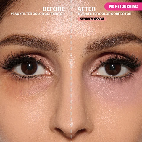Image 1 - A close-up of a persons eyes and nose, divided vertically by a dashed line, shows a before and after comparison where the left side has natural under-eye dark circles and the right side shows them visibly brightened with a pinkish color corrector, with visible text reading BEFORE #FAUXFILTER COLOR CORRECTOR, AFTER #FAUXFILTER COLOR CORRECTOR CHERRY BLOSSOM, and NO RETOUCHING. Image 2 - A grid of four before-and-after skin images shows improvements for various concerns: HYPERPIGMENTATION depicts dark skin tone correction, DARK CIRCLES shows lighter undereyes, POST TREATMENT displays overall clearer skin, and DARK SPOTS illustrates reduced blemishes, with a central text overlay reading CORRECT YOUR CONCERNS. Image 3 - A peachy-orange liquid drips from a bristled applicator with text on the right that reads NON-COMEDOGENIC, VITAMIN C TARGETS PIGMENTATION, NIACINAMIDE BRIGHTENS & EVENS, FRAGRANCE-FREE, SAFE FOR SENSITIVE SKIN. Image 4 - An infographic titled WHAT SHADE ARE YOU? displays six liquid makeup swatches for different skin tones, with two shades for COOL UNDERTONES: CHERRY LIGHT light neutral-toned pink for fair skin tones and CHERRY BLOSSOM cool-toned pink for light to medium skin tones, and four shades for WARM UNDERTONES: PEACH LIGHT light orange for fair skin tones, PINK POMELO light warm-toned pink for light to medium skin tones, PEACH light pinky orange for light to medium skin tones, and MANGO deep pink-orange for medium to tan skin tones. Image 5 - A beauty advertisement shows a before-and-after comparison of an eye with dark circles labeled BEFORE transformed into a brightened, smoothed eye labeled AFTER, with three steps below detailing the use of Huda Beauty #FAUXFILTER COLOUR CORRECTOR, #FAUXFILTER MATTE CONCEALER, and EASY BAKE LOOSE POWDER, all under the banner THE ULTIMATE UNDEREYE ROUTINE.