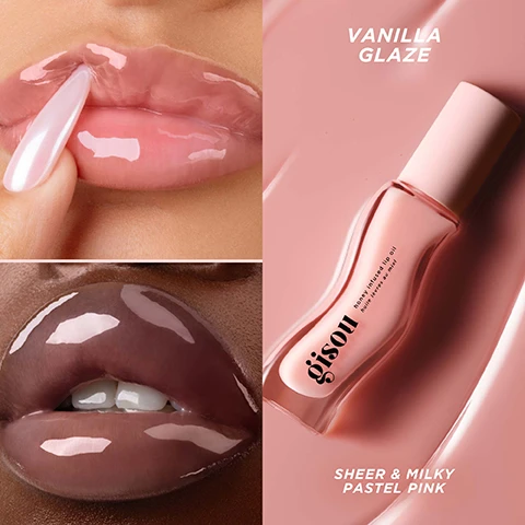 Image 1 - A split image features two close-ups of glossy lips, one light pink with an applicator and one darker brownish-pink, alongside a Gisou honey infused lip oil bottle on a pink background, with text that reads VANILLA GLAZE, gisou honey infused lip oil huile lèvres au miel, and SHEER & MILKY PASTEL PINK. Image 2 - A pink Gisou honey infused lip oil tube, labeled Gisou honey infused lip oil huile lèvres au miel, is nestled in a light-colored, creamy product with dark specks inside a silver bowl, with surrounding text that reads: Mirsalehi Honey & Bee Garden Oils Deeply hydrate + add shine, Hyaluronic Acid Smooth + hydrate, and Jojoba & Meadowfoam Seed Oils Lock in moisture. Image 3 - The image shows a nine-panel collage featuring three lip gloss shades: Vanilla Glaze, a light pink gloss applied to lips; Sticky Toffee, a warm nude gloss applied to lips; and Milky Mocha, a deep brown gloss applied to lips, with each shade also shown as a product swatch and labeled as Sheer & Milky. Image 4 - Three Gisou Honey Infused Lip Oil bottles in dark brown, amber, and light pink are displayed on a reflective surface, with text reading GLAZED, DRIZZLED, DIPPED!, INTENSE HYDRATION, GLOSSY SHINE, NO STICKINESS!, DELICIOUSLY SCENTED!, 97% NATURALLY DERIVED FORMULA, and on each bottle, gisou honey infused lip oil huile lèvres au miel. Image 5 - Three wavy swatches of a glossy, liquid-like product are shown vertically: a light pink shade labeled Vanilla Glaze, a caramel brown shade labeled Sticky Toffee, and a dark brown shade labeled Milky Mocha. Image 6 - A close-up shows a persons slightly open mouth with glossy, light pink lips and visible white teeth, with text that reads CLINICALLY PROVEN! 8H HYDRATION* & GLOSSY SHINE * Based on an independent lab study carried on Honey Infused Lip Oil - Vanilla Glaze using scientifically proven instrumental testing.