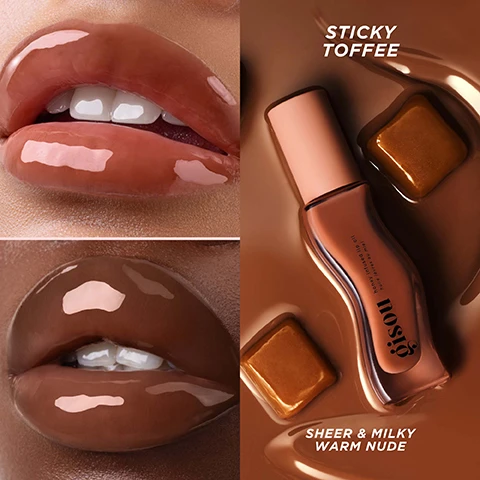 Image 1 - A collage features two close-ups of glossy lips in light and dark nude shades, alongside a Gisou Honey Infused Lip Oil bottle and two toffee candies partially submerged in a brown creamy liquid, with text reading STICKY TOFFEE, Gisou Honey infused lip oil Huile lèvres au miel, SHEER & MILKY WARM NUDE. Image 2 - A Gisou honey infused lip oil bottle lies in a silver bowl overflowing with caramel sauce and candies, surrounded by text describing its benefits: Mirsalehi Honey & Bee Garden Oils Deeply hydrate + add shine, Jojoba & Meadowfoam Seed Oils Lock in moisture, Hyaluronic Acid Smooth + hydrate, and the bottle itself reads Gisou honey infused lip oil huile lèvres au miel. Image 3 - A nine-panel collage showcases three lip gloss shades, Vanilla Glaze, Sticky Toffee, and Milky Mocha, with swatches and close-up images of them applied to lips of various skin tones, featuring the visible text Vanilla Glaze Sheer & Milky, Sticky Toffee Sheer & Milky, and Milky Mocha Sheer & Milky. Image 4 - A product advertisement shows three curvy bottles of Gisou Honey Infused Lip Oil in dark brown, reddish-brown, and light pink/peach, with text overlays stating GLAZED, DRIZZLED, DIPPED!, INTENSE HYDRATION, GLOSSY SHINE, NO STICKINESS!, DELICIOUSLY SCENTED!, 97% NATURALLY DERIVED FORMULA, and each bottle is labeled gisou honey infused lip oil huile lèvres au miel. Image 5 - Three swatches of glossy lip gloss in shades of light pink, caramel, and dark brown are layered horizontally, labeled Vanilla Glaze, Sticky Toffee, and Milky Mocha. Image 6 - A close-up of a persons mouth with lips coated in a glossy, reddish-brown product, revealing parts of their white teeth, with text that reads: CLINICALLY PROVEN! 8H HYDRATION* & GLOSSY SHINE * Based on an independent lab study carried on Honey Infused Lip Oil - Sticky Toffee using scientifically proven instrumental testing.