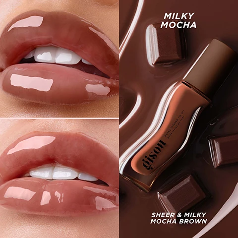 Image 1 - A split image features glossy lips wearing a sheer mocha brown lip product on the left, and a Gisou honey infused lip oil bottle submerged in a rich chocolate brown liquid with chocolate squares on the right, with text Milky Mocha, Sheer & Milky Mocha Brown, and on the bottle Gisou honey infused lip oil huile lèvres au miel. Image 2 - A brown Gisou honey infused lip oil tube with a brown cap is positioned on top of a creamy beverage with whipped topping and cocoa powder, accompanied by text detailing product benefits: HYALURONIC ACID Smooth + hydrate, MIRSALEHI HONEY & BEE GARDEN OILS Deeply hydrate + add shine, and JOJOBA & MEADOWFOAM SEED OILS Lock in moisture. Image 3 - A collage displays three lip gloss shades, Vanilla Glaze, Sticky Toffee, and Milky Mocha, each labeled Sheer & Milky, shown as swatches and on models with light and dark skin tones, with one image showing a finger, another an applicator, and the last a chocolate bar. Image 4 - Three Gisou Honey Infused Lip Oil bottles in dark brown, caramel, and light pink are displayed on a reflective surface, with text reading GLADED, DRIZZLED, DIPPED!, followed by a list of benefits: INTENSE HYDRATION, GLOSSY SHINE, NO STICKINESS!, DELICIOUSLY SCENTED!, and 97% NATURALLY DERIVED FORMULA, and each bottle has Gisou honey infused lip oil huile lèvres au miel printed on it. Image 5 - Three glossy swatches are shown, from light pink to medium brown to dark brown, with visible text labels Vanilla Glaze, Sticky Toffee, and Milky Mocha. Image 6 - Close-up of a person with glossy dark brown lips slightly open, showing white teeth, next to a chocolate bar in the bottom right corner, with text that reads CLINICALLY PROVEN! 8H HYDRATION* & GLOSSY SHINE * Based on an independent lab study carried on Honey Infused Lip Oil - Milky Mocha using scientifically proven instrumental testing.