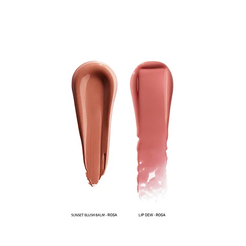 A shimmering bronze swatch and a glossy rosy pink swatch are displayed on a white background with the text Sunset Blush Balm - Rosa and Lip Dew - Rosa.