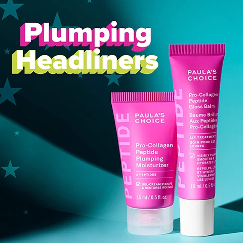 Image 1 - The image displays two bright pink Paulas Choice product tubes, one a plumping moisturizer and the other a gloss balm, against a dark blue background with teal stars and a diagonal spotlight, featuring the prominent text Plumping Headliners, followed by product labels stating Paulas Choice Pro-Collagen Peptide Plumping Moisturizer, 3 Peptides, GEL-CREAM PLUMPS & RESTORES BOUNCE, 15 ml / 0.5 fl. oz., and Paulas Choice Pro-Collagen Peptide Gloss Balm, Baume Brillant Aux Peptides Pro-Collagène, LIP TREATMENT, SOIN POUR LES LÈVRES, VISIBLY PLUMPS SMOOTHS & HYDRATES LIPS, REPULPE, LISSE ET HYDRATE VISIBLEMENT LES LÈVRES, 15 ml / 0.5 fl. oz. Image 2 - An image with a teal background and faint stars features two glossy swatches of pink and blue skincare product on the right, alongside the text: Ingredient Rockstars, Paulas Choice filters out the noise so you can listen to your skin, Curate your perfect skincare playlist based on what your skin needs, You cant go wrong with our ingredient rockstars. Image 3 - A three-panel comparison image displays a persons lips before product application, then appearing glossier and plumper after 15 minutes, and maintaining a similar enhanced look after 4 weeks, with visible text reading Gloss Balm visibly plumps lips in 15 minutes**, BEFORE, AFTER 15 MINUTES, AFTER 4 WEEKS, and **Based on visible results from before and after photos taken 15 minutes after application. Image 4 - The image features a teal background with scattered stars and three pink and iridescent cream swatches, with text that reads: Whats Inside Hexapeptide-5 Supports moisture balance + bounce. Oligopeptide-1 Helps boost & maintain collagen production. Tridecapeptide-1 Rapidly smooths & plumps fine lines. Image 5 - The image shows two women smiling closely together, one with freckles and one with clear skin, beneath a teal banner displaying icons and text for Skin Concerns: Firmness, Dehydration, Loss of elasticity, Fine Lines. Image 6 - A before and after comparison of a womans face against a teal background with stars, showing her natural skin on the left and plumper, more radiant skin on the right, with the text Peptide Moisturiser 90% saw instant plumping*, BEFORE, AFTER 3 WEEKS, *Based on an independent clinical study with 30 subjects after 4 weeks.