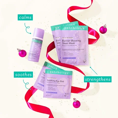 Image 3 - A flat lay of various purple Patchology skincare products, including a spray bottle, two sheet masks, and two eye gels, is artfully arranged with a red satin ribbon and three pink spherical Christmas ornaments on a speckled white background, with green text labels calms, soothes, and strengthens, each with an arrow pointing to its respective product, and visible product text reading patchology SKIN REMEDY Calm & Protect Micro Mist Brume Fine Apaisante & Protectrice Fragrance-Free | Sans Parfum 50 mL | 1.70 fl. oz. patchology SKIN REMEDY Barrier-Boosting Sheet Mask Masque en Tissu Réconfortant Formulated with the most sensitive skin types in mind. Formulé en pensant aux types de peaux les plus sensibles. Ectoin | Ectoin Ceramides | Céramides Probiotics | Probiotiques FRAGRANCE FREE | SANS PARFUM patchology SKIN REMEDY Soothing Eye Gels Patches Apaisants pour les Yeux Formulated with the most sensitive skin types in mind. Formulé pour les peaux les plus sensibles. Ectoin | Ectoin Ceramides | Céramides Probiotics | Probiotiques FRAGRANCE FREE | Sans Parfum 1 pair / paire.