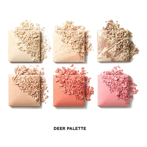 Image 1 - Six square makeup pans in various shades including light beige, peach, bronze, rosy brown, coral, and pink are shown with crumbled powder on top, and the text DEER PALETTE below. Image 2 - A side-by-side image of a woman with blonde hair, blue eyes, and freckles, wearing a cream turtleneck; the left side shows her natural face and the right side shows her with blush, glossy red lips, and a gold hoop earring, with visible text BEFORE, AFTER, DEER PALETTE. Image 3 - A gold-toned makeup palette with a floral lid is open, showing six square pans of powder: Dream Light Finishing Powder, New Aura Light Finishing Powder, Diffused Bronze Light Bronzer, Iridescent Strobe Light Highlighter, New Radiant Peach Blush, and New Vibrant Pink Blush, with scattered powder swatches in the background and the text Deer Palette. Image 4 - One open makeup palette with six shimmering shades of pink and brown is displayed alongside three closed palettes featuring intricate animal and floral designs: a fox with blue flowers, a swan with white and green elements, and a deer with red flowers, all closed palettes show an H logo, with the text Nonhuman Rights Project 5% of net profits from Unlocked support the Nonhuman Rights Project in their efforts to secure fundamental rights for animals. Image 5 - An open makeup palette with six shimmering shades, including gold, bronze, and pink, sits next to its lid, which is decorated with a swan and flower design and a golden H logo; the text below reads: All-in-one palette New and bestselling shades Use individually or layer together.