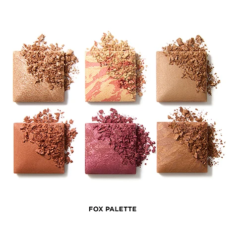 Image 1 - Six square makeup pans with crushed powders in shades of gold, peach, pink, various browns, and berry, arranged on a white background, with the text FOX PALETTE below them. Image 2 - A split image shows a woman before and after makeup application, with the left side presenting a natural look and the right side featuring glowing skin, blush, and glossy lips, alongside the text BEFORE, AFTER, and FOX PALETTE. Image 3 - An open makeup palette with a colorful lid displays six square pans of face powders: NEW SOLAR GLOW HIGHLIGHTER, NEW LUCID GLOW BLUSH, NEW DESERT LIGHT FINISHING POWDER, NEW CANYON HEAT BLUSH, NEW AMETHYST HAZE BLUSH, and NEW BRONZE FUSION BRONZER, with FOX PALETTE visible below the palette. Image 4 - An open makeup palette with six shimmering shades is surrounded by three closed palettes, each decorated with an animal design—a fox, a swan, and a deer—along with the Hourglass H logo and floral elements. The text above reads: NONHUMAN RIGHTS PROJECT 5% of net profits from Unlocked support the Nonhuman Rights Project in their efforts to secure fundamental rights for animals. Image 5 - An open six-pan makeup palette with shimmering shades of brown, pink, gold, and coral, next to its ornate white case decorated with a swan, flowers, and the brands H logo, with text below reading: All-in-one palette New and bestselling shades Use individually or layer together.