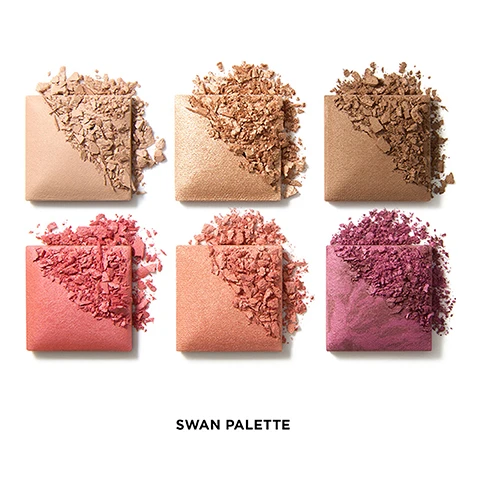 Image 1 - Six square makeup pans in shades of beige, gold, brown, coral, peach, and berry, each with crushed powder scattered on one corner, against a white background with the text SWAN PALETTE below. Image 2 - A split image shows a womans face before and after makeup application, with the before image showing a natural look and the after image displaying enhanced eyes, rosy cheeks, and glossy lips, with text reading BEFORE, AFTER, SWAN PALETTE. Image 3 - An open white makeup palette with a floral design on the lid contains six square pans of cosmetic powders: NEW DIM LIGHT FINISHING POWDER, NEW GOLDEN HOUR HIGHLIGHTER, NATURAL BRONZE BRONZER, NEW LUMINOUS CORAL BLUSH, NEW SUNSET FLUSH BLUSH, and NEW MAUVE FUSION BLUSH, with the text SWAN PALETTE on the lower part of the case, and swatches of the colors are scattered on the background. Image 4 - Four Hourglass makeup palettes are displayed on a light background, with one open palette revealing six shades of blush and highlighter, and three closed palettes featuring animal and floral designs: a fox on dark blue, a swan on white, and a deer on peach, each with a gold H logo. NONHUMAN RIGHTS PROJECT 5% of net profits from Unlocked support the Nonhuman Rights Project in their efforts to secure fundamental rights for animals. Image 5 - An open makeup palette displays six shimmery shades in bronze, pink, and peach tones, next to its decorative lid featuring a swan, magnolia flowers, and the Hourglass H logo, with text that reads All-in-one palette, New and bestselling shades, Use individually or layer together.