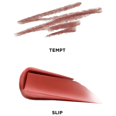 Image 1 - The image shows two makeup swatches: a brownish-rose pencil stroke labeled TEMPT, and a glossy peachy-rose liquid swipe labeled SLIP. Image 2 - A four-panel collage features a swatch of a muted rose lip balm and three close-up shots of different models with varying skin tones wearing a glossy, coral-red lip balm, with the text Phantom Volumizing Glossy Balm SLIP True Rose. Image 3 - A four-panel image shows a pink beige lip liner product, including a textured swatch and three models with different skin tones applying or wearing the lip liner, with the text Shape & Sculpt Lip Liner TEMPT Mid-tone Pink Beige. Image 4 - Two Hourglass lip products, a black lip liner and a gold-cased glossy balm, are displayed with color swatches and text that reads HOURGLASS, SHAPE & SCULPT LIP LINER, Ultra-creamy formula infused with nourishing Jojoba Oil, PHANTOM VOLUMIZING GLOSSY BALM, Conditioning Complex nourishes, conditions, and hydrates lips. Image 5 - An Hourglass lip liner and a Phantom Volumizing Glossy Balm are displayed with swatches, with text reading SHAPE & SCULPT LIP LINER, Defines, shapes, and sculpts, Long-wearing, transfer-resistant, HOURGLASS, PHANTOM VOLUMIZING GLOSSY BALM, Instantly hydrates and plumps, Full-bodied, high-shine color.
