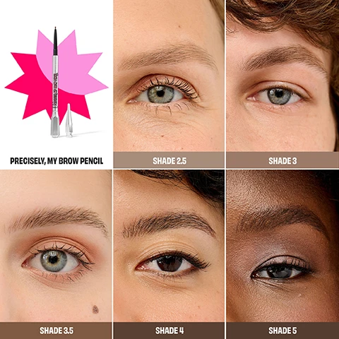 Image 2 - A grid image displays a silver brow pencil with a dark tip against a pink starburst, alongside five close-up shots of eyes demonstrating various eyebrow shades, with visible text reading PRECISELY, MY BROW PENCIL, SHADE 2.5, SHADE 3, SHADE 3.5, SHADE 4, SHADE 5. Image 4 - The image displays a dark brown brow pencil with a silver grip on the right, a wavy thin brown swatch in the top center, a clear gel swatch and a mascara-like brush wand on the left, a spoolie brush below them, and a thick dark brown brow wax swatch in the bottom center, with text reading Precisely, My Brow Pencil Shade 5, 24-HR Brow Setter, Precisely, My Brow Wax Shade 5, and vertically on the pencil, Precisely, My Brow Pencil benefit. Image 5 - A black brow setter wand is shown against a pink background next to a pink-bordered text box that reads 24-HOUR BROW SETTER, with features listed as Dual-sided wand lifts & locks brows in place, 24-hour* staying power, and Quick dry & mess-free, followed by a small disclaimer *instrumental test on 21 participants. Image 6 - A close-up portrait of a woman with dark, curly hair, featuring defined eyebrows and bright reddish-pink lipstick, with visible text that reads: MODEL WEARS PRECISELY, MY BROW PENCIL + WAX SHADE | 5. Image 7 - Close-up of a womans face showing a brow brush being applied to her right eyebrow, her eye open, lips with pink lipstick, and a star earring, with the text Model is wearing 24 HR Brow Setter. Image 8 - Three silver and white Benefit cosmetic products for brows are displayed, consisting of a pencil, a brow wax, and a brow setter; visible text includes FULL-SIZE, BENEFIT PRECISELY, MY BROW PENCIL, FULL-SIZE, BENEFIT PRECISELY, MY BROW WAX, TRAVEL SIZE, and BENEFIT 24-HR BROW SETTER.