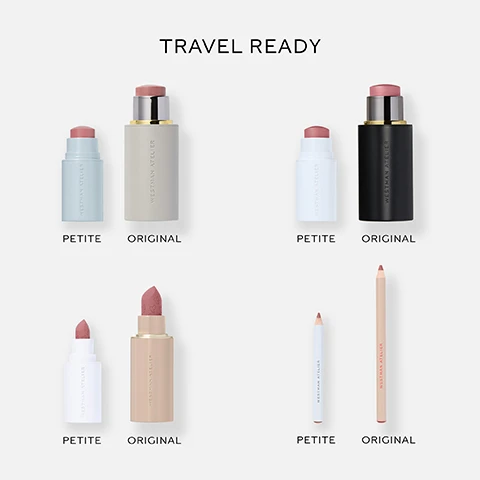 Image 1 - The image displays various Westman Atelier makeup products in petite and original sizes, including blush sticks, lipsticks, and lip pencils, with the text TRAVEL READY at the top and WESTMAN ATELIER on all products, accompanied by PETITE and ORIGINAL labels for each size. Image 2 - Four pink-toned makeup swatches are displayed with their descriptions: a matte pink blush swatch with the text BABY CHEEKS BLUSH STICK Healthy flush of color. Hydrating, natural finish.; a shimmery pink highlight swatch with the text LIT UP HIGHLIGHT STICK Facial-fresh skin. Glassy finish.; a thin matte pink lip liner swatch with the text LIP SHAPE LIP LINER Effortless glide. Velvety, matte finish.; and a matte pink lipstick swatch with the text LIP SUEDE MATTE LIPSTICK Vivid payoff. Hydrating, matte finish. Image 3 - Four forearms with diverse skin tones, from light to dark, are shown with a series of cosmetic swatches; the first arm on the left holds a light blue product stick and the third arm from the left holds two light blue product sticks, all labeled WESTMAN ATELIER; the swatches include a shimmery highlight, two matte lip/cheek colors, and a lip liner, with accompanying text to the left reading LIT UP HIGHLIGHT STICK, BABY CHEEKS BLUSH STICK, LIP SUEDE MATTE LIPSTICK, LIP SHAPE LIP LINER.