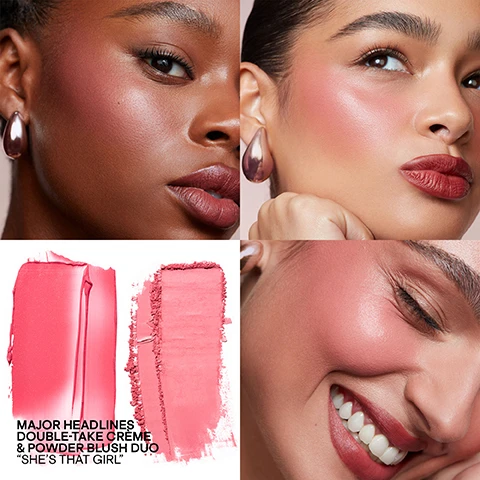 Image 1 - Three women with varying skin tones model a peach-toned blush on their cheeks and lips, alongside two product swatches of cream and powder blush on a white background, with the text Major Headlines Double-Take Creme & Powder Blush Duo Shes That Girl. Image 2 - Four swatches of cosmetic product in shades of red, pink, rosy beige, and brown are displayed beneath text that reads: MAJOR BENEFITS, CRÈME AND POWDER IN ONE COMPACT, LONG WEARING, CRUELTY FREE, TALC FREE. Image 3 - A triptych displays a womans face in three stages: before makeup, with powder blush, and with creme blush over powder blush, labeled BEFORE, WITH POWDER, and WITH CREME OVER POWDER, respectively, with additional text at the top right indicating PATRICKS TECHNIQUE WITH SHES BLUSHING. Image 4 - A rose gold compact is open, revealing a top pan of peach cream blush and a bottom pan of peach powder blush with an embossed P, illustrating the layering technique. Text reads: PATRICKS ARTISTRY TECHNIQUE FOR MAJOR GLOW & SKIN-LIKE FINISH, LAYER CRÈME, OVER POWDER.