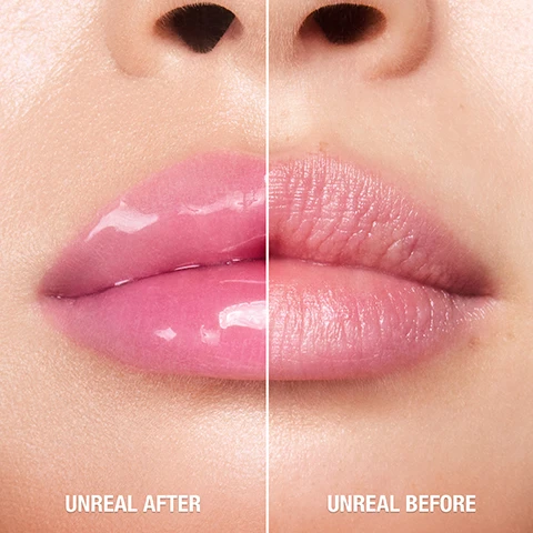 Image 1 - Split image of lips with a pink glossy product on the left and without on the right with text reading UNREAL AFTER UNREAL BEFORE. Image 2 - Image shows several colorful lip gloss tubes falling with liquid spilling onto a surface, alongside a circular inset image of glossy lips and four bullet points of text: SKIN BARRIER-BOOSTING INGREDIENTS, LIP-HUGGING GEL APPLICATOR, GLAZED, GLOSSY, GLASS-LIKE FINISH, 2 PH-POWERED SHADES. Image 3 - A woman holds a lip gloss tube next to a basket of strawberries with text that reads OVER 93% AGREE LIPS LOOK INSTANTLY PLUMP + JUICY OVER 96% AGREE IT FEELS WEIGHTLESS OVER 90% AGREE IT DOES NOT FEEL STICKY LIPS ARE 3.4X MORE HYDRATED AFTER 1 HOUR *Tested on 32 people **Tested on over 104 people over 1 week. Combined results across all 6 scent shades. Image 4 - Swatches of six lip gloss shades on four arms with varying skin tones, with the shade names listed as 1. CANDY FIG 2. CHERRY GLAZE 3. PINK WATERMELON 4. COCONUT WATER 5. STRAWBERRY VANILLA 6. PURE PEACH.