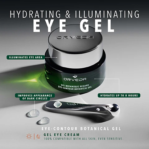 Image 1 - Image shows a jar of Orveda eye gel, an applicator tool, and gel drops with text overlay reading Hydrating & Illuminating Eye Gel, Orveda Gel Botanique Regard Eye-Contour Botanical Gel, Illuminates eye area, Improves appearance of dark circles, Hydrates up to 8 hours, Eye-Contour Botanical Gel Gel Eye Cream, Sun and Moon icons, 100% compatible with all skin, even sensitive. Image 2 - Close up of a human eye and skin with droplets of liquid and overlaid text reading BOOSTS SKINS LUMINOSITY BY 34%***, 25%** FIRMS THE APPEARANCE OF EYE CONTOURS BY, INCREASES HYDRATION FOR UP TO 8 HOURS BY 35%*, *CLINICAL TEST, 8H HYDRATION, SINGLE APPLICATION - 34 TESTERS., **CLINICAL TEST, 4 WEEKS OF CONTINUOUS DAILY USAGE - 30 TESTERS., ***CLINICAL TEST, 4 WEEKS OF CONTINUOUS DAILY USAGE - 32 TESTERS. Image 3 - Image shows several green and black beauty product bottles and jars with silver lids, with text that reads BUILD YOUR ROUTINE POST-CLEANSING YOUR ENTIRE FACE, WITHIN 3 MINUTES, 1. APPLY THE VITAL SAP™ AS A SOOTHING, PRE-CARE TREATMENT. 2. THEN, APPLY THE OMNIPOTENT CONCENTRATE™ 3. AS THE FINAL STEP OF YOUR ROUTINE, USE OUR EYE CONTOUR BOTANICAL GEL 4. FOR OPTIMUM SKIN PREPARATION, APPLY OUR FIRM BREW CREAM TO BOTH FACE AND NECK 5. FOR ADDITIONAL SUPPORT FOR AREAS OF CONCERN, APPLY OUR INSTANT LIFTING EFFECT MASK ORVEDA THE FRENCH GREEN BIO-TECH™ GEL BOTANIQUE REGARD EYE-CONTOUR BOTANICAL GEL ORVEDA THE FRENCH GREEN BIO-TECH™ LE CONCENTRÉ OMNIPOTENT™ PASSÉ - PRÉSENT - FUTUR THE OMNIPOTENT CONCENTRATE™ PAST - PRESENT - FUTURE ORVEDA THE FRENCH GREEN BIO-TECH™ LA CRÈME BRASSÉE FERME FIRM BREW CREAM ORVEDA THE FRENCH GREEN BIO-TECH™ MASQUE EFFET LIFTANT INSTANTANÉ INSTANT LIFTING EFFECT MASK ORVEDA THE FRENCH GREEN BIO-TECH™ LA SÈVE PRIMORDIALE™ THE VITAL SAP™.