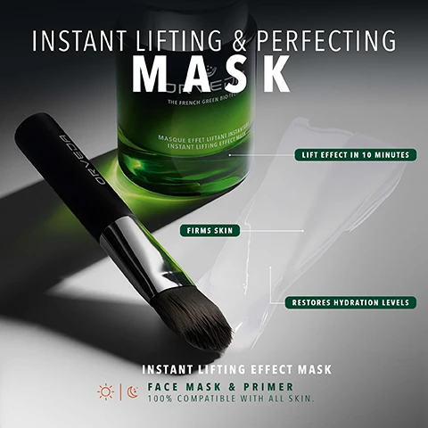 Image 1 - Image of a green bottle of Orveda mask, a brush, and applied product, with text reading INSTANT LIFTING & PERFECTING MASK ORVEDA THE FRENCH GREEN BIO-TECH MASQUE EFFET LIFTANT INSTANTANE INSTANT LIFTING EFFECT MASK LIFT EFFECT IN 10 MINUTES FIRMS SKIN RESTORES HYDRATION LEVELS INSTANT LIFTING EFFECT MASK FACE MASK & PRIMER 100% COMPATIBLE WITH ALL SKIN. Image 2 - Close up of skin near an eye with a dab of cream and text overlays stating LIFTS THE SKIN BY 7%**, 24%** BOOSTS SKINS RADIANCE BY, 12%* SMOOTHES SKIN TEXTURE BY, *CLINICAL TEST - 10MN POST APPLICATION - 20 TESTERS. **CLINICAL TEST - IMMEDIATELY AFTER APPLICATION - 20 TESTERS. Image 3 - The image displays five green and black cosmetic bottles and text that says BUILD YOUR ROUTINE TO FURTHER ACTIVATE YOUR HEALTHY SKIN GLOW 1. FIRST APPLY THE VITAL SAP™ 2. FOLLOWED WITH THE OMNIPOTENT CONCENTRATE™ 3. MOISTURISE WITH OUR FIRM BREW CREAM 4. USE YOUR INSTANT LIFTING EFFECT MASK AS A FINISHING CARE TREATMENT.