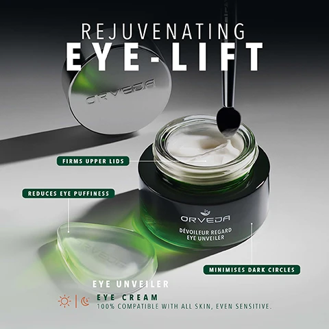 Image 1 - A jar of green eye cream with a silver lid and spatula with text that says REJUVENATING EYE-LIFT ORVEDA DÉVOILEUR REGARD EYE UNVEILER FIRMS UPPER LIDS REDUCES EYE PUFFINESS MINIMISES DARK CIRCLES EYE UNVEILER EYE CREAM 100% COMPATIBLE WITH ALL SKIN, EVEN SENSITIVE. Image 2 - A close-up of skin around an eye with drops of product applied and overlaid text stating 38%* IMPROVES SKINS SMOOTHNESS BY, INCREASES SKINS SOFTNESS BY 47%*, 38%* BOOSTS SKINS LUMINOSITY BY, and *CLINICAL TEST - 4 WEEKS OF AM/PM DAILY USAGE - 33 TESTERS. Image 3 - The image shows a green background with the title BUILD YOUR ROUTINE, a numbered list of skincare steps, and four green glass product containers with labels, all with the visible text: BUILD YOUR ROUTINE 1. USING OUR SILICONE PINPOINT APPLICATOR, PLACE 3 DOTS OF EYE UNVEILER ON THE UPPER EYE AREA 2. FOR OPTIMUM SKIN PREPARATION, WE SUGGEST THAT WITHIN 3 MINUTES (MAX) POST-CLEANSING, APPLY THE OMNIPOTENT CONCENTRATE™ 3. FOLLOWED WITH THE FIRM BREW CREAM TO BOTH FACE AND NECK, USING OUR ZAMAK PRO TOOL FOR A CRYO-MASSAGE 4. FOR ADDITIONAL SUPPORT FOR AREAS OF CONCERN, APPLY OUR INSTANT LIFTING EFFECT MASK WITH OUR PROFESSIONAL FLAT BRUSH ORVEDA THE FRENCH GREEN BIO-TECH™ DÉVOILEUR REGARD EYE UNVEILER ORVEDA THE FRENCH GREEN BIO-TECH™ LE CONCENTRÉ OMNIPOTENT™ PASSÉ - PRÉSENT - FUTUR THE OMNIPOTENT CONCENTRATE™ PAST - PRESENT - FUTURE ORVEDA THE FRENCH GREEN BIO-TECH™ LA CRÈME BRASSÉE FERME FIRM BREW CREAM ORVEDA THE FRENCH GREEN BIO-TECH™ MASQUE EFFET LIFTANT INSTANTANÉ INSTANT LIFTING EFFECT MASK.
