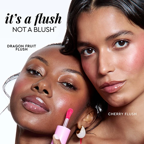 Image 1 - Two women with makeup displaying a flushed cheek look and glossy lips are shown, with visible text that reads its a flush NOT A BLUSH™ DRAGON FRUIT FLUSH CHERRY FLUSH. Image 2 - A smiling woman with dewy pink blush on her cheeks and glossy pink lips, winking slightly, with text Freya wears Dewy Flush in Dragon Fruit Flush and Glass Balm in Dragon Fruit Bingsoo. Image 3 - A woman with radiant dark skin, showing a rosy blush on her cheeks and glossy lips, holds a pink dropper bottle with a light pink cap, next to the text Your unique flush A sheer, 100% skincare-based formula that lets your real skin shine through, and on the bottle GLOW RECIPE WATERMELON GLOW Niacinamide Dewy Blush. Image 4 - A before and after image shows a persons cheek with visible hyperpigmentation on the left, labeled BEFORE, and the same cheek with visibly reduced hyperpigmentation on the right, labeled AFTER 6 WEEKS, with UNRETOUCHED below, while the bottom section displays two product wands with red liquid against a pink background, featuring text that reads: Reduces the look of hyperpigmentation overtime* and *IN A CONSUMER-USE STUDY WITH 32 PARTICIPANTS DURING A 4-WEEK PERIOD. Image 5 - A light pink Glow Recipe product bottle is shown against a pink swirling background with text that reads: immediately 100% AGREE DEWY FLUSH APPLIES SEAMLESSLY TO SKIN AND FEELS WEIGHTLESS* over time 97% AGREE SKIN LOOKS & FEELS MORE HYDRATED* GLOW RECIPE WATERMELON GLOW NIACINAMIDE DEWY FLUSH *IN A CONSUMER-USE STUDY WITH 32 PARTICIPANTS DURING A 4-WEEK PERIOD. Image 6 - A vibrant pink graphic with a cut watermelon slice at the bottom displays text highlighting product benefits: YOUR FAVORITE tinted cheek serum, 3% NIACINAMIDE, Clinically effective in brightening dark spots, WATERMELON EXTRACT, Rich in vitamins & hydration, Work together to brighten & plump cheeks over time. Image 7 - Two pear-shaped Glow Recipe Watermelon Glow Hue Drops bottles, one pink Berry Blush and one red Sunglow, are depicted with their applicators dripping serum, alongside text promoting a tinted cheek serum POWERED BY 100% SKINCARE, detailing 3% NIACINAMIDE Brightens dark spots & minimizes pores, JOJOBA OIL-COATED PIGMENTS Non-comedogenic pigments for a sheer, buildable flush of color, and WATERMELON EXTRACT, CENTELLA ASIATICA, & HYALURONIC ACID Hydrates, plumps, & soothes cheeks. Image 8 - A person with pink blush and glossy pink lips smiles and winks as a pink applicator applies product to their cheek, with text reading flush WITHOUT THE FUSS and Dot on cheeks, layer to level-up your flush, and blend with fingertips. No tools or expertise needed! Image 9 - A woman with rosy cheeks and glossy pink lips holds a pink skincare tube and a pink skincare bottle, with visible text GLOW RECIPE GLASS BALM DRAGON FRUIT BINGSOO, GLOW RECIPE WATERMELON GLOW NIACINAMIDE DEW DROPS, and Jani wears Dewy Flush in Dragon Fruit Flush and Glass Balm in Dragon Fruit Bingsoo.Image 10 - Four tear-drop shaped bottles of cosmetic product in various pink and red shades are arranged diagonally, two with dripping applicators, accompanied by a slice of watermelon, a single cherry, a halved dragon fruit, and a blackberry, with visible text reading GLOW RECIPE WATERMELON GLOW NIACINAMIDE DEW DROPS on the bottles, and Watermelon Flush, Cherry Flush, Berry Flush, Dragon Fruit Flush as floating labels.