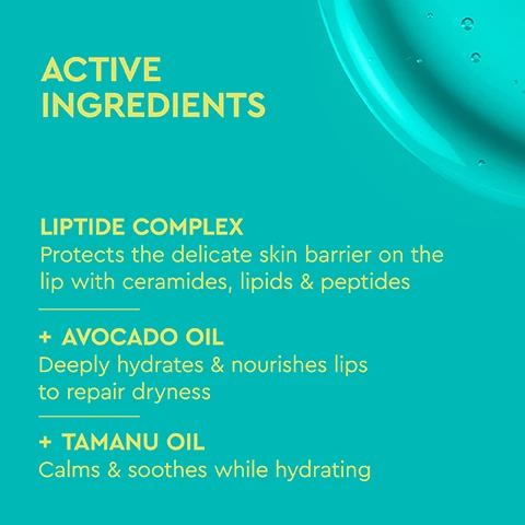 Image 1 - A teal background with a translucent turquoise liquid drop with bubbles in the top right corner features yellow text listing ingredients: ACTIVE INGREDIENTS, LIPTIDE COMPLEX Protects the delicate skin barrier on the lip with ceramides, lipids & peptides, + AVOCADO OIL Deeply hydrates & nourishes lips to repair dryness, + TAMANU OIL Calms & soothes while hydrating. Image 2 - An infographic on a teal background shows a light yellow Byoma Liptide Lip Oil tube with text listing its benefits: KEY BENEFITS, NON-STICKY, NON-GREASY FORMULA, REVITALIZES & HYDRATES LIPS, LIGHTWEIGHT LIP OIL, and CLEAR, GLOSSY FORMULA. Image 3 - A teal blue gel background with small bubbles contains yellow text inside a thin yellow rounded rectangle that reads CLINICALLY PROVEN TO HYDRATE, PLUMP & SOFTEN LIPS. Image 4 - A pale yellow Byoma Liptide Lip Oil bottle with a hot pink Byoma keychain is positioned on a vibrant pink product card featuring stars and text BYOMA, GALACTIC LIPTIDE LIP OIL, BARRIER BOOSTING LIPCARE, 5ml/0.16 fl.oz, next to a fuchsia panel with icons and text stating Dermatologist Tested, Vegan Friendly, and Supports Skin Barrier.
