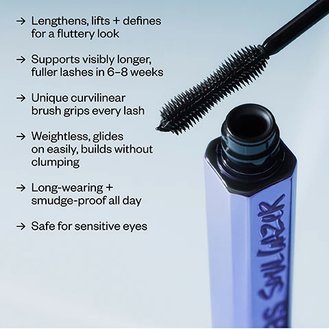 Image 1 - A purple mascara tube with BOSS SWIPER text on it is shown next to its brush and a list of benefits: Lengthens, lifts + defines for a fluttery look, Supports visibly longer, fuller lashes in 6–8 weeks, Unique curvilinear brush grips every lash, Weightless, glides on easily, builds without clumping, Long-wearing + smudge-proof all day, Safe for sensitive eyes. Image 2 - Before and after comparison of three different eyes showing mascara applied to the lashes After and Before. Image 3 - Three close-ups of an eye show mascara applied with text reading Builds without clumping, Before, After 1 coat, After 2 coats. Image 4 - Image shows a close up of an eye with defined lashes, with text overlay stating Clinically proven to be long-wearing + smudge-proof all day, followed by 100% agreed lashes look longer, more defined, curled, lifted, and separated*, and a footnote *based on a consumer study of 34 women after using Soulgazer Mascara for 8 weeks. Image 5 - Visual comparison image of an eye with lashes at 0 weeks and 8 weeks, accompanied by text Clinically Proven Lash-Boosting Serum and 100% of subjects saw an increase in lash length + volume on bare lashes after 8 weeks, showing the images labeled 0 weeks without mascara and 8 weeks without mascara. Image 6 - A mascara brush is shown above swipes of black mascara with the text Powered by Myristoyl Pentapeptide-17 and Supports visibly longer, fuller lashes in 6-8 weeks. Image 7 - Close-up of a black mascara brush next to text that reads Unique Curvilinear Molded Brush Coats + lengthens every lash Curvilinear shape Separates + defines for a fluttery look Multi-length spokes Comfortably grip lashes Molded brush. Image 8 - Two purple mascara tubes and wands are shown, comparing full size and mini size. Text reads Full Size, Mini Size, Kosas Soulgazerr.
