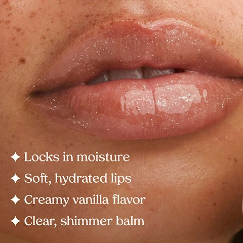 Image 1 - A close-up of a persons mouth with full, glossy lips covered in a clear, shimmery balm, with text listing product benefits: Locks in moisture, Soft, hydrated lips, Creamy vanilla flavor, Clear, shimmer balm. Image 2 - A white tube of Kopari Lip Love Moisture Balm Soft Vanilla stands between two waffle cones filled with white cream, alongside text that reads Clean Ingredients, STRENGTHENING Ceramides, MOISTURIZING Shea & Mango Butters, PROTECTING Vitamin E, and on the product Kopari, LIP LOVE MOISTURE BALM SOFT VANILLA, BAUME À LÈVRES AMOUR VANILLE DOUCE, NET WT. 0.52 OZ. | 15G. Image 3 - Four makeup swatches are shown horizontally across four different skin tones, featuring shades Soft Vanilla, Watermelon, Nude Beige, and Pink Strawberry, with the text 4 Sheer Shades displayed at the top. Image 4 - The image features four Kopari Lip Love Moisture Balm tubes, some with product oozing out, stacked diagonally on a pink background, displaying the text Hydrate & Protect, and showing products including Soft Vanilla with SPF-FREE HYDRATION, and Watermelon, Nude Beige, and Pink Strawberry, all with SPF 30, each in a 0.52 oz or 15g tube.