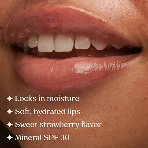 Image 1 - A close-up of a persons glossy, hydrated lips and white teeth, with text listing product benefits: Locks in moisture, Soft, hydrated lips, Sweet strawberry flavor, Mineral SPF 30. Image 2 - The image displays three horizontal product swatches: a top pinkish-red swatch with text SPF 30 Pink Strawberry PINK TINT STRAWBERRY FLAVOR, a middle nude beige swatch with text SPF 30 Nude Beige NUDE BEIGE TINT COCONUT FLAVOR, and a bottom orange-coral swatch with text SPF 30 Watermelon CORAL TINT WATERMELON FLAVOR. Image 3 - A pink Kopari Lip Love Moisture Balm SPF 30 Pink Strawberry tube with water droplets is centered among fresh, whole and halved strawberries on a light pink background, with overlay text reading Clean Ingredients, STRENGTHENING Ceramides, HYDRATING Hyaluronic Acid & Squalane, and on the tube, NET WT. 0.52 OZ. | 15G. Image 4 - Four sheer cosmetic shades, Soft Vanilla, Watermelon, Nude Beige, and Pink Strawberry, are presented as horizontal swatches on four different skin tones ranging from dark to light, with the heading 4 Sheer Shades. Image 5 - Four tubes of Kopari Lip Love Moisture Balm, with product oozing out, are displayed diagonally on a pink background with reflections below, featuring the main text Hydrate & Protect; the tubes are labeled as Kopari Lip Love Moisture Balm Soft Vanilla Baume A Levres Amour Vanille Douce Net Wt 0.52 Oz | 15G, Kopari Lip Love Moisture Balm Watermelon Baume A Levres Amour FPS 25 Pastèque Net Wt 0.52 Oz | 15G, Kopari Lip Love Moisture Balm SPF 25 Nude Beige Baume A Levres Amour FPS 25 Nu Beige Net Wt 0.52 Oz | 15G, and Kopari Lip Love Moisture Balm SPF 25 Pink Strawberry Baume A Levres Amour FPS 25 Fraise Rose Net Wt 0.52 Oz | 15G; additionally, circular labels on the left state SPF-FREE HYDRATION and three instances of SPF 30.