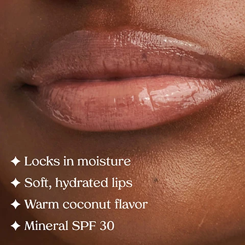 Image 1 - A close-up of glossy, hydrated lips on a person with dark skin, with the visible text Locks in moisture, Soft, hydrated lips, Warm coconut flavor, Mineral SPF 30. Image 2 - The image displays three color swatches and product descriptions: a pink swatch with text SPF 30 Pink Strawberry PINK TINT STRAWBERRY FLAVOR, a nude beige swatch with text SPF 30 Nude Beige NUDE BEIGE TINT COCONUT FLAVOR, and a coral swatch with text SPF 30 Watermelon CORAL TINT WATERMELON FLAVOR. Image 3 - A light beige background features a KOPARI Lip Love Moisture Balm tube, a halved coconut, and white flowers, with text that reads Clean Ingredients, STRENGTHENING Ceramides, HYDRATING Hyaluronic Acid & Squalane, LIP LOVE MOISTURE BALM SPF 30 NUDE BEIGE, and NET WT. 0.52 OZ. | 15G. Image 4 - Four different shades of a glossy lip product are swatched horizontally across three arms with varying skin tones, from dark to light, displaying 4 Sheer Shades: Soft Vanilla, Watermelon, Nude Beige, and Pink Strawberry. Image 5 - A pink background displays four diagonal tubes of Kopari Lip Love Moisture Balm in Soft Vanilla, Watermelon, Nude Beige SPF 25, and Pink Strawberry SPF 25, with some product squeezed out, alongside circular labels indicating SPF-FREE HYDRATION and SPF 30, and header text Hydrate & Protect.