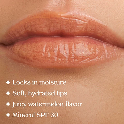 Image 1 - Close-up of a persons glossy peach-toned lips with visible text that reads: Locks in moisture, Soft, hydrated lips, Juicy watermelon flavor, Mineral SPF 30. Image 2 - Three horizontal product samples are displayed: the top section shows a pink liquid labeled SPF 30 Pink Strawberry PINK TINT STRAWBERRY FLAVOR; the middle section shows a nude beige liquid labeled SPF 30 Nude Beige NUDE BEIGE TINT COCONUT FLAVOR; and the bottom section shows a coral liquid labeled SPF 30 Watermelon CORAL TINT WATERMELON FLAVOR. Image 3 - A pink tube of Kopari Lip Love Moisture Balm SPF 30 Watermelon is displayed among several red watermelon slices and clear liquid drops on a light pink background, with visible text reading Clean Ingredients, STRENGTHENING Ceramides, HYDRATING Hyaluronic Acid & Squalane, and on the tube KOPARI LIP LOVE MOISTURE BALM SPF 30 WATERMELON NET WT. 0.52 OZ. | 15G. Image 4 - A photo displaying four sheer, glossy makeup shades—Soft Vanilla, Watermelon, Nude Beige, and Pink Strawberry—swatched horizontally across three arms with varying skin tones, with the overlaying text 4 Sheer Shades. Image 5 - Four colorful Kopari Lip Love Moisture Balm tubes, in shades like vanilla, peach, nude beige, and pink, are displayed diagonally against a pink background, with product squeezed out from the tips and circular SPF badges visible, accompanied by the text Hydrate & Protect, SPF-FREE HYDRATION, SPF 30 (three times), Kopari Lip Love Moisture Balm Soft Vanilla, Kopari Lip Love Moisture Balm Watermelon, Kopari Lip Love Moisture Balm SPF 25 Nude Beige, Kopari Lip Love Moisture Balm SPF 25 Pink Strawberry, all NET WT. 0.52 OZ. | 15G.