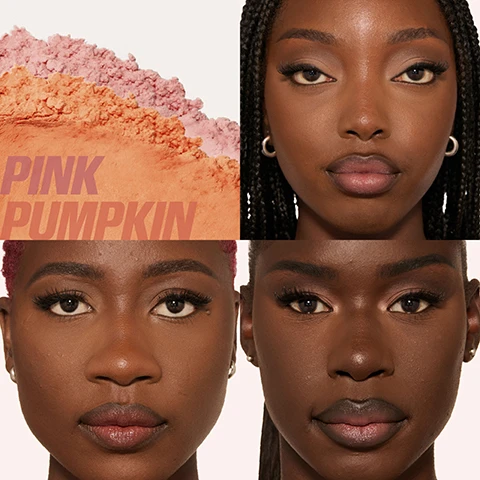Image 1 - A collage image with the top left showing piles of pink and orange loose powders, and the other three sections showing headshots of three different Black women wearing makeup, with the text PINK PUMPKIN. Image 2 - A woman is shown applying makeup powder under her eye with a small pink sponge and holding a container of Easy Bake powder, with visible text that reads BRIGHT & SNATCH, 18HR WEAR, ULTRA-BRIGHTENING, AIRBRUSH FINISH. Image 3 - A four-panel image shows a woman demonstrating how to use a makeup product: in the first panel, she twists open a pink powder container, visible text includes 1. TWIST and EASY BAKE; in the second panel, she holds the open container, shaking it, with text hudabeauty, EASY BAKE, and 2. SHAKE; in the third panel, she applies the powder with a pink sponge under her eye, with text EASY BAKE and 3. BAKE; the final panel shows her face with a finished makeup look, with text 18HR WEAR. Image 4 - A multi-panel image shows a womans eyes undergoing an under-eye makeup routine, with the top panel depicting a before and after comparison showing dark circles on the left and brightened skin on the right, and the bottom panels illustrating three application steps for a pink corrector, a beige concealer, and a loose powder, each with its corresponding product; visible text includes BEFORE, AFTER, THE ULTIMATE UNDEREYE ROUTINE, #FAUXFILTER COLOUR CORRECTOR, #FAUXFILTER MATTE CONCEALER, and EASY BAKE LOOSE POWDER. Image 5 - A Huda Beauty Easy Bake powder container is shown with a black lid bearing the hudabeauty logo, displaying separate compartments of pink and peach powder, alongside text that reads CUSTOMIZE YOUR SHADE, PINK TO BRIGHTEN, PEACH TO CORRECT, MIX TO CUSTOMIZE, and EASY BAKE.