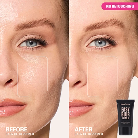 Image 1 - A split image shows a womans face, with the left side labeled BEFORE Easy Blur Primer displaying visible pores and skin texture, and the right side labeled AFTER Easy Blur Primer showing a smoother complexion with less visible pores, alongside a black product tube with text hudabeauty EASY BLUR PRIMER silicone-free smoothing primer base de teint sans silicone 30 ML / 1 FL. OZ, and a pink banner at the top right corner reads NO RETOUCHING. Image 2 - A black threaded object has a loop of shiny purple gel around its top, with text reading SILICONE FREE, ULTRA-BLURRING, JELLY-LIKE TEXTURE, INSTANT OIL CONTROL. Image 3 - A close-up of a persons face shows an eye, cheek, and nose area with a finger applying a clear product, and text overlays read BOOSTS HYDRATION MILK THISTLE EXTRACT & GLYCERIN BLURS PORES WATER CAPSULE POLYMER NON-COMEDOGENIC. Image 4 - A black Huda Beauty Easy Bake Setting Spray bottle stands centrally, with a piece of grey clay to its left and water droplets at its base, surrounded by text on a light background which reads ALCOHOL & FRAGRANCE-FREE NON-COMEDOGENIC, MINERAL CLAY CONTROLS SHINE, hudabeauty EASY BAKE SETTING SPRAY, setting spray spray fixateur 100 ML / 3.38 FL. OZ, RICE STARCH BLURS, HYALURONIC ACID HYDRATING. Image 5 - A woman with closed eyes and full makeup holds a black spray bottle labeled Huda Beauty Easy Bake Setting Spray 100 ML / 3.38 FL. OZ. near her face, with large pink text reading 16HR BLUR & SET and smaller pink buttons stating BLURS PORES, CONTROLS SHINE, SETS MAKEUP FOR 16HRS, and TRANSFER & SWEAT PROOF.