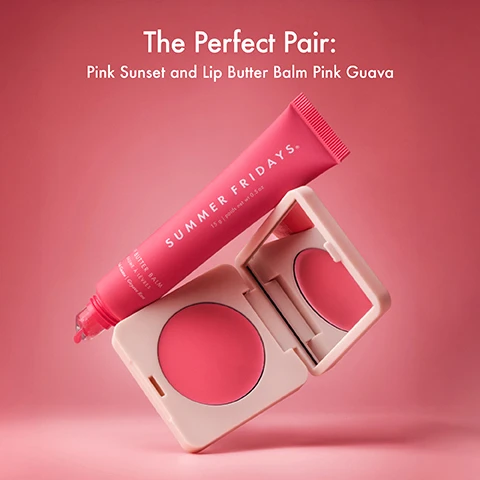Image 1 - A pink lip balm tube and an open blush compact with pink cream blush are shown against a pink background with the text The Perfect Pair Pink Sunset and Lip Butter Balm Pink Guava SUMMER FRIDAYS 15 g poids net wt 05 oz LIP BUTTER BALM BAUME A LEVRES Pink Guava Goyave Rose. Image 10 - A stream of liquid pours onto an open white compact with a mirror and pink blush, above a glass of pink bubbly liquid, with text reading Blush Butter Balm For a sheer flush of dewy color MIRROR For on-the-go application HYDRATING Infused with hydrating skincare ingredients BLENDABLE Blends like butter BUILDABLE Delivers long-lasting buildable color. Image 11 - A pink Summer Fridays Lip Butter Balm tube and a light pink Summer Fridays compact are displayed with text reading The Perfect Pair Sweet Rosé and Lip Butter Balm Pink Sugar, plus text on the lip balm tube LIP BUTTER BALM BAUME À LÈVRES Pink Sugar | Sucre Rose and text on the compact SUMMER FRIDAYS. Image 12 - The image shows a close-up of a pink creamy texture with the text Blush Butter Balm A creamy, hydrating balm infused with skincare ingredients. Image 13 - A white compact with a pink cream blush and mirror is shown on a red swatch, with text reading Blush Butter Balm For a sheer flush of dewy color MIRROR For on-the-go application HYDRATING Infused with hydrating skincare ingredients BLENDABLE Blends like butter BUILDABLE Delivers long-lasting buildable color. Image 14 - A woman applies blush to her cheek with a brush while holding a blush compact, Using a brush, sponge or fingertips, blend into cheeks for a flush of color. Pro Tip: apply to lips for a monochromatic look. Image 15 - A stack of square compacts is shown next to text listing ingredients titled Key Ingredients TRIO OF BUTTERS Shea Mango Seed and Illipe create a creamy hydrating texture HYALURONIC ACID Acts as a moisture magnet to plump out fine lines CERAMIDES Renew and maintain natural hydration while strengthening skins moisture barrier. Image 16 - A pink lip balm tube leans against an open compact with pink cream blush with the text The Perfect Pair: Pink Sunset and Lip Butter Balm Pink Guava SUMMER FRIDAYS 15 g | poids net wt 0.5 oz LIP BUTTER BALM BAUME À LÈVRES Pink Guava | Goyave Rose. Image 17 - Close-up of a persons face showing part of an eye, eyebrow, nose, and glossy lips with text overlay reading 100% agreed it was blendable + buildable on their skin* 100% agreed it gave them a healthy + radiant appearance* 93% agreed it lasted on their skin* *In a consumer perception study of 32 participants (ages 18 to 50). Image 2 - A hand holds an ice cream cone with melting pink ice cream and a white compact with pink blush on top, with text Blush Butter Balm For a sheer flush of dewy color MIRROR For on-the-go application HYDRATING Infused with hydrating skincare ingredients BLENDABLE Blends like butter BUILDABLE Delivers long-lasting buildable color. Image 3 - A Summer Fridays blush compact in Soft Strawberry and a Lip Butter Balm in Vanilla are displayed with the text The Perfect Pair: Soft Strawberry and Lip Butter Balm Vanilla, SUMMER FRIDAYS, LIP BUTTER BALM, BAUME À LÈVRES, Vanilla | Vanille, 15 g | poids net wt 0.5 oz. Image 4 - A hand holds an open square blush compact over a pink surface with text overlay reading Blush Butter Balm For a sheer flush of dewy color MIRROR For on-the-go application BLENDABLE Blends like butter BUILDABLE Delivers long-lasting buildable color HYDRATING Infused with hydrating skincare ingredients. Image 5 - A Summer Fridays Lip Butter Balm tube in vanilla beige lies across a Summer Fridays blush compact in a toasted terracotta shade with text that reads The Perfect Pair: Toasted Terracotta and Lip Butter Balm Vanilla Beige LIP BUTTER BALM BAUME À LÈVRES Vanilla Beige | Beige Vanille SUMMER FRIDAYS® 15 g | poids net wt 0.5 oz and SUMMER FRIDAYS. Image 6 - Open blush compact with berry color and raspberry on a red background, with text Blush Butter Balm For a sheer flush of dewy color MIRROR Features a mirror for on-the-go application HYDRATING Infused with hydrating skincare ingredients BLENDABLE Blends like butter BUILDABLE Delivers long-lasting buildable color. Image 7 - A Berry Spritz tube of Summer Fridays Lip Butter Balm is angled over an open Brown Sugar compact with the text The Perfect Pair: Berry Spritz and Lip Butter Balm Brown Sugar and Summer Fridays. Image 8 - A white compact case with reddish-pink blush balm and rose petals, featuring text that says Blush Butter Balm For a sheer flush of dewy color MIRROR For on-the-go application HYDRATING Infused with hydrating skincare ingredients BLENDABLE Blends like butter BUILDABLE Delivers long-lasting buildable color. Image 9 - Image shows a brown tube of lip balm floating above an open compact case with pink cream inside, with text reading The Perfect Pair: Dusty Rose and Lip Butter Balm Iced Coffee and SUMMER FRIDAYS LIP BUTTER BALM Iced Coffee.