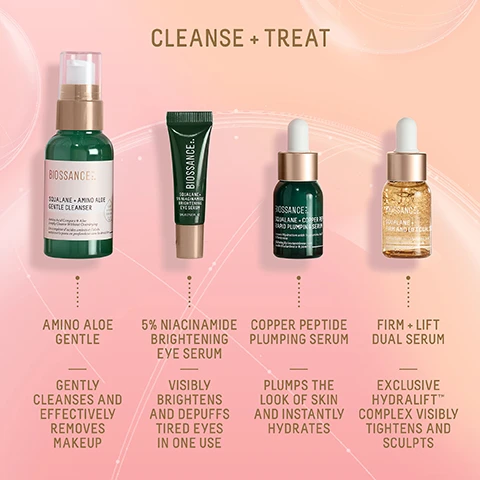 Image 1 - A pink background displays four Biossance skincare products: a green pump bottle, a green tube, a small green dropper bottle, and a small amber dropper bottle, with the text CLEANSE + TREAT at the top; the first product is SQUALANE + AMINO ALOE GENTLE CLEANSER Amino Acid Complex & Aloe Deeply Cleanse Without Overdrying PLANT DERIVED SQUALANE, with the description AMINO ALOE GENTLE that GENTLY CLEANSES AND EFFECTIVELY REMOVES MAKEUP; the second product is SQUALANE + 5% NIACINAMIDE BRIGHTENING EYE SERUM 5ML/0.17 US FL. OZ., with the description 5% NIACINAMIDE BRIGHTENING EYE SERUM that VISIBLY BRIGHTENS AND DEPUFFS TIRED EYES IN ONE USE; the third product is SQUALANE + COPPER PEPTIDE RAPID PLUMPING SERUM Instant Hydration with Hyaluronic Acid & Paracress, with the description COPPER PEPTIDE PLUMPING SERUM that PLUMPS THE LOOK OF SKIN AND INSTANTLY HYDRATES; and the fourth product is SQUALANE + FIRM AND LIFT DUAL SERUM Visibly Tightens + Hyaluronic Acid, with the description FIRM + LIFT DUAL SERUM EXCLUSIVE HYDRALIFT™ COMPLEX VISIBLY TIGHTENS AND SCULPTS. Image 2 - The image shows four Biossance skincare products: a green jar of Squalane + Marine Algae Eye Cream which instantly lifts and firms, a larger green jar of Squalane + Omega Repair Cream which restores hydration and supports moisture barrier, a pink dropper bottle of Squalane + Vitamin C Rose Oil which visibly brightens, firms, and hydrates, and a pink tube of Pro-Peptide TM Lip Perfector Blush Quartz, 15G/NET WT. 0.53 US OZ, which visibly plumps and delivers 24-hour moisture, all displayed on a pink and orange gradient background under the title Brighten + Hydrate.