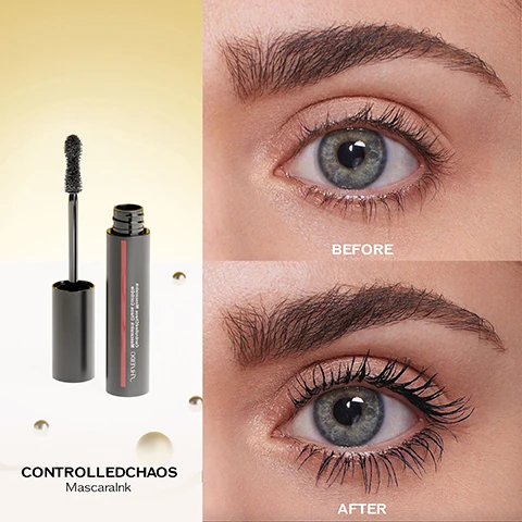 Image 1 - The image displays a black mascara tube with its wand extended, resting on a golden background, alongside a split view of an eye showing natural lashes and then dramatically lengthened and volumized lashes, with visible text reading CONTROLLEDCHAOS MascaraInk, SHISEIDO, Volumizing Smudge-Proof Mascara, BEFORE, and AFTER. Image 2 - A black Shiseido ControlledChaos MascaraInk tube and its wand are shown with scattered gold and silver spheres and a gold ribbon, next to a white review box displaying five stars and the text: ControlledChaos MascaraInk, I love this mascara - its a violet colour and great texture. Makes my lashes look super long and is a very complimentary shade. by SusieP.