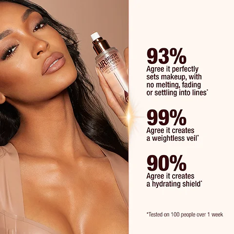 A woman with dark hair and glowing skin holds a bottle of makeup setting spray labeled AIRBRUSH FLAWLESS SETTING SPRAY, next to text that reads 93% Agree it perfectly sets makeup, with no melting, fading or settling into lines*, 99% Agree it creates a weightless veil*, 90% Agree it creates a hydrating shield*, *Tested on 100 people over 1 week.