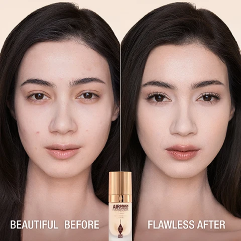 Image 1 - A split image shows a womans face before on the left with visible blemishes, and after on the right with smooth, even-toned skin, with a foundation bottle in the center, and the visible text Beautiful Before, Flawless After, and Air Brush Flawless Foundation. Image 2 - A cosmetic foundation shade conversion chart displays three women of different skin tones with foundation bottles and text including: AIRBRUSH FLAWLESS FOUNDATION SHADES HAVE CHANGED! NEW FORMULA, NEW SHADES! IF YOU LOVED SHADE YOUR CLOSEST MATCHES ARE 1C 1C 1N 2N 2C 3C 2C 2N 2N 3C 4C 3N 3N 3C 3W 2W 4N 5C 4W 4W 3W. Image 3 - A graphic displays three circular insets featuring oil droplets, white powder, and a molecular structure, accompanied by text that reads THE SECRET TO LIGHT-AS-AIR, 24HR* FULL COVERAGE, POWDER BLUR AIRTECH™ Skin looks blurred + smooth with minimised shine, BIOMIMETIC SECOND-SKIN TECH™ Skin-morphing pigments for a flawless shade match + second-skin finish, PHYTOYOUTH ESSENCE™ Targets visible signs of ageing for hydrated skin that looks plump + retexturized, and *Tested on 305 people. Image 4 - A Charlotte Tilbury Airbrush Flawless Foundation bottle stands on a soft, light background with feathers, and text overlay that reads: LIGHT-AS-AIR, POWERED BY BIOMIMETIC SECOND-SKIN TECH™, 93% AGREE, ITS THE HIGHEST, MOST WEIGHTLESS COVERAGE THEYVE TRIED*, AIRBRUSH FLAWLESS FOUNDATION, STAYS ALL DAY AND NIGHT, WEIGHTLESS FULL COVERAGE, *Tested on 305 people. Image 5 - A product display featuring Charlotte Tilbury Airbrush makeup, including a foundation bottle, an open compact powder, a white setting spray bottle, and a black setting spray bottle, with the visible text FLAWLESS PORELESS LOOKING SKIN, PERFECT, MATTIFY + BLUR, BLEND + LOCK, AIRBRUSH FLAWLESS FOUNDATION, Charlotte Tilbury AIRBRUSH FLAWLESS FINISH, AIRBRUSH FLAWLESS SETTING SPRAY NATURAL RADIANT FINISH, and AIRBRUSH FLAWLESS SETTING SPRAY MATTE BLUR MATTE-BLUR FINISH.