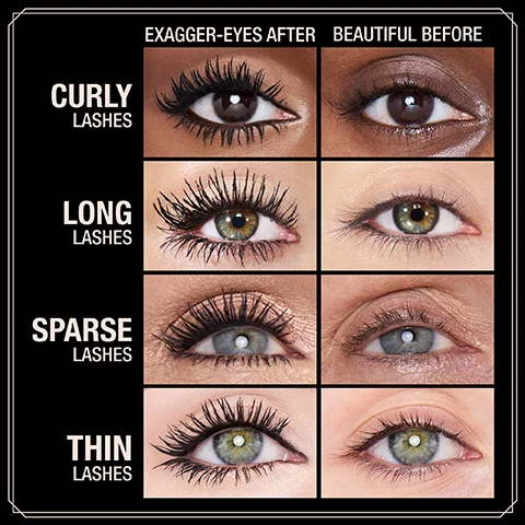 A grid displays before and after images of four different eye types, showing enhanced lashes on the left and natural lashes on the right, with text that reads EXAGGER-EYES AFTER BEAUTIFUL BEFORE CURLY LASHES LONG LASHES SPARSE LASHES THIN LASHES.