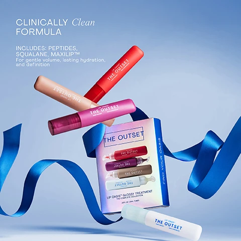 Image 1 - An assortment of Lip Oasis The Outset lip gloss tubes in various colors and a collection box tied with a blue ribbon are displayed against a light blue background, with text reading CLINICALLY Clean FORMULA INCLUDES: PEPTIDES, SQUALANE, MAXILIP™ For gentle volume, lasting hydration, and definition THE OUTSET LIP OASIS GLOSSY TREATMENT THE COMPLETE COLLECTION FIND YOUR OASIS 20FL OZ (6ML) TUBES. Image 2 - Four Lip Oasis The Outset Hydrating Treatment tubes are displayed upright on a blue background, showing their clear applicators; from left to right, there is a light blue tube, a red tube, a purple tube, and a beige tube; the image includes the text Kit Includes All 4 Shades, and the tubes are labeled Clear, Sun Kiss Sheer Orange Red, Mirage Sheer Blackberry for the purple tubes applicator, and Dune Sheer Nude. Image 3 - A before and after comparison of lips shows dry, chapped lips labeled BEFORE and smooth, glossy lips labeled AFTER, with text visible results in 30 days. Image 4 - A woman with long blonde hair and a white top applies a lip product to her glossy lips against a light blue background, and text in the image states: INTENSE Moisture Boosts lip hydration by 48% GENTLE Plumping Powered by Maxilip™ Technology NOURISHING Barrier Protection Strengthens lips skin barrier by 25% *Based on a clinical study when used at least 3x per day after 4 weeks. Image 5 - A smiling woman in a shimmering silver gown stands next to a white gift box wrapped with a flowing blue ribbon, displaying four lip gloss tubes in shades of red, purple, brown, and light blue, with visible text that reads the MAGIC of MINIMAL, Gifts designed to transform skincare into moments of mindfulness, THE OUTSET, LIP OASIS™ GLOSSY TREATMENT THE COMPLETE COLLECTION, 20FL OZ / 6ML TUBES, and FIND YOUR GLOSS.