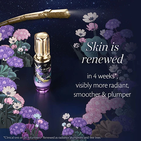 Image 3 - A Clé de Peau BEAUTÉ LE SÉRUM THE SERUM bottle, dark purple with gold accents and a floral design, stands amidst stylized purple, pink, and white flowers against a starry dark blue background, with a glowing golden train-like object above, and accompanying text that reads Skin is renewed in 4 weeks*, visibly more radiant, smoother & plumper and a footnote *Clinical test on 34 volunteers - Renewed as radiance plumpness and fine lines. Image 5 - A dazzling starry night scene features Clé de Peau Beauté beauty products including a serum, lipstick, powder compact, cream, and eyeshadow palette, surrounded by whimsical illustrations of flowers, a hummingbird, deer, peacock, ladybug, leopard, and a golden train, with the prominent text Clé de Peau BEAUTÉ DREAMS EXPRESS COLLECTION, and additional text Clé de Peau BEAUTÉ LE SÉRUM THE SERUM and Clé de Peau BEAUTÉ LA CRÈME.