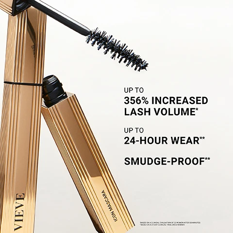 Image 6 - Two gold ribbed mascara tubes are displayed on a white background, one upright labeled VIEVE and one tilted labeled ICON MASCARA, with an extended mascara wand showing its black brush, alongside promotional text saying UP TO 356% INCREASED LASH VOLUME*, UP TO 24-HOUR WEAR**, SMUDGE-PROOF**, *BASED ON A CLINICAL EVALUATION OF 22 WOMEN AFTER 30 MINUTES, **BASED ON A 21-DAY CLINICAL TRIAL ON 22 WOMEN. Image 7 - A black mascara wand with visible bristles is on the left, and a similar wand heavily coated with black mascara is on the right, under the text: ICON MASCARA, JUMBO SPIRAL NYLON BRUSH LOADS LASHES WITH MAXIMUM PRODUCT IN ONE SWIPE, CREATE DRAMATIC VOLUME FROM ROOT TO TIP WITHOUT CLUMPING, BLENDS LASH-CARE INGREDIENTS WITH A FILM-FORMING TECHNOLOGY FOR LONG-LASTING VOLUME AND CONDITIONING.