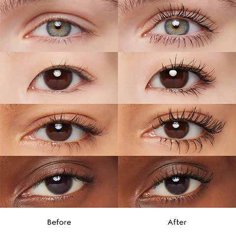 Image 3 - A visual comparison of four different eyes, with each eye shown on the left before a lash product application, featuring natural lashes, and on the right after application, featuring longer and more voluminous lashes, with the words Before and After displayed below the respective columns. Image 4 - A black mascara tube with a gold cap and extended wand is shown next to a thick black mascara smear, with product features listed as +90% MORE VOLUME*, UP TO 12H CURL**, INTENSE BLACK COLOUR, and the brand name GUCCI vertically printed on the tube, with footnotes *CLINICAL STUDY ON 32 FALSE LASHES. **CONSUMER TEST ON 57 VOLUNTEERS. Image 5 - Two Gucci mascara tubes are displayed open with their wands, a black and gold tube labeled Mascara Le Magnétisme Full Fan Effect Volume & Curl, and a light pink and gold tube labeled Mascara LObscur Lash by Lash Length & Volume. Image 8 - A woman with blonde hair styled with a wet look and bright blue eyes, wearing a large gold earring, looks over her shoulder at the viewer, with text in the upper left corner that reads GUCCI MASCARA LE MAGNÉTISME THE NEW FULL FAN EFFECT VOLUME & CURL MASCARA.