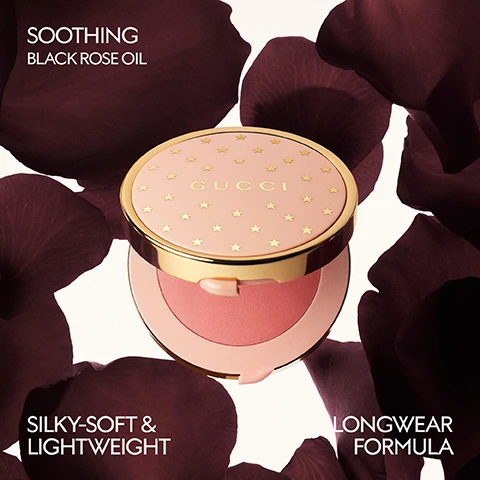 Image 2 - A pink and gold Gucci compact with peachy-pink powder is surrounded by dark rose petals on a white background, with text reading SOOTHING BLACK ROSE OIL, GUCCI, SILKY-SOFT & LIGHTWEIGHT, and LONGWEAR FORMULA. Image 3 - A four-panel image features a model demonstrating pink makeup and a powder swatch: top left shows the model wearing pink blush and eyeshadow, with text Cheeks & Eyes; top right is a close-up of the models eye with pink eyeshadow, with text Eyes; bottom left is a close-up of the models cheek with pink blush, with text Cheeks; and bottom right is a pink powder swatch. Image 6 - Gucci beauty displays nine blush swatches, each with a number and color name: 01 Silky Rose, 02 Tender Apricot, 03 Radiant Pink, 04 Bright Coral, 05 Rosy Beige, 06 Warm Berry, 07 True Pink, 08 Soft Rose, 09 Intense Plum. Image 7 - The image displays a three-step Gucci face routine with beauty products: a light pink primer bottle, a peach foundation bottle, and two round compacts, one rose gold with stars and one teal, accompanied by the text GUCCI beauty, GUCCI FACE ROUTINE, 1 PREPARE PRIMER Sérum de Beauté Fluide Soyeux Silk Priming Serum Base de Teint Sérum Soie, 2 BEAUTIFY FOUNDATION Éternité de Beauté 24H Wear Breathable Foundation Luminous Matte Finish Fond de Teint Aérien Tenue 24H Fini Mat Lumineux SPF 15, 3 COLOR SUN-KISSED POWDER & BLUSH Poudre de Beauté Éclat Soleil & Blush de Beauté.