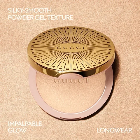 Image 4 - An open Gucci compact powder, with a gold lid featuring a starburst design and the word Gucci, and a light pink base, reveals shimmery champagne-colored powder embossed with the word Gucci, resting on a matching glittery surface with white text reading SILKY-SMOOTH POWDER GEL TEXTURE, IMPALPABLE GLOW, LONGWEAR.