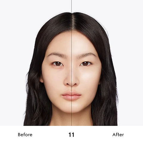 Image 1 - A persons face is split vertically down the middle, showing the left side before and the right side after a cosmetic application, with visible text Before 11 After. Image 2 - A Gucci Glow Skin Tint tube is displayed with a purple flower, a clear liquid drop, and licorice root pieces on a light background, surrounded by text that reads SKIN TEXTURE IMPROVEMENT BAKUCHIOL, SKIN GLOW BOOST LICORICE EXTRACT, HYDRATION HYALURONIC ACID, and on the tube GUCCI GLOW SKIN TINT, TINTED MOISTURIZER SKIN PERFECTION RADIANT FINISH, SOIN HYDRATANT TEINT PERFECTION DE PEAU FIN LUMINEUX. Image 3 - A grid displays 20 Gucci Beauty foundation swatches in a range of skin tones from dark brown to light beige, labeled 48N, 51N, 54C, 58N, 59C, 35W, 36N, 41N, 43N, 47N, 24N, 26W, 31N, 32C, 33N, 11N, 15N, 17W, 21C, 22N. Image 4 - Twenty headshots of diverse models, male and female, showcasing various foundation shades with their corresponding codes: 48N, 51N, 54C, 58N, 59C, 35W, 36N, 41N, 43N, 47N, 24N, 26W, 31N, 32C, 33N, 11N, 15N, 17W, 21C, 22N. Image 5 - A woman with wet, slicked-back hair and blue eyes holds a light-colored tube of beauty product, with the text WATERY REFRESHING TEXTURE SECOND SKIN FEEL in the top right and GUCCI GLOW on the product tube. Image 6 - A white and gold tube of Gucci Glow Skin Tint foundation is centered on a swirling light brown background, accompanied by text reading 89% SKINCARE-BASED FORMULA*, 24H HYDRATION, SKIN TEXTURE AND GLOW IMPROVEMENT, and on the product itself GUCCI GLOW SKIN TINT TINTED MOISTURIZER SKIN PERFECTOR RADIANT FINISH SOIN HYDRATANT TEINTE PERFECTION DE PEAU FINI LUMINEUX, with fine print stating *SKINCARE BASE IS DEFINED AS THE FOUNDATION WITHOUT PIGMENTS.
