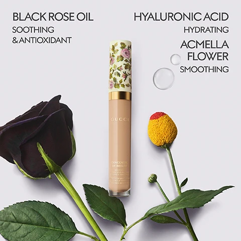Image 3 - A Gucci Concentré de Beauté concealer tube with a floral cap stands between a dark purple rose on the left and a yellow Acmella flower with a red tip and two clear droplets on the right, with visible text that reads BLACK ROSE OIL SOOTHING & ANTIOXIDANT, HYALURONIC ACID HYDRATING ACMELLA FLOWER SMOOTHING, GUCCI, CONCENTRÉ DE BEAUTÉ, MULTI-USE LONGWEAR CONCEALER BUILDABLE COVERAGE, CORRECTEUR MULTI-USAGE LONGUE TENUE COUVRANCE MODULABLE. Image 4 - A split image shows a woman with dark curly hair looking forward, with the left side of her face showing visible freckles and an uneven skin tone before makeup, and the right side showing a smooth, even complexion after makeup, with text below reading Before 41 Cool After. Image 5 - A grid of eight diverse models, four in the top row and four in the bottom row, displaying various medium-deep foundation shades, labeled 41C, 42W, 43W, 44N, 45W, 46N, 47N, 48W, and categorized as Medium Deep. Image 6 - Nine Gucci makeup products, including five tall frosted glass bottles of foundation and four tubes of multi-use concealer with gold accents and pink floral caps, displayed in various skin tones on a reflective white surface, feature the on-image text GUCCI FACE ESSENTIALS 24H WEAR LUMINOUS MATTE FOUNDATION AND LONGWEAR MULTI-USE CONCEALER, GUCCI ÉTERNITÉ DE BEAUTÉ 24H WEAR BREATHABLE FOUNDATION LUMINOUS MATTE FINISH FOND DE TEINT AÉRIEN TENUE 24H FINI MAT LUMINEUX, GUCCI CONCENTRÉ DE BEAUTÉ MULTI-USE LONGWEAR CONCEALER BUILDABLE COVERAGE CORRECTEUR MULTI-USAGE LONGUE TENUE COUVRANCE MODULABLE, and #GucciBeauty. Image 7 - A Gucci Beauty shade matching chart titled MATCH YOUR IDEAL SHADE shows images of a Gucci Cushion de Beauté, a Gucci Concentré de Beauté, and a Gucci Matte Powder, with the text GUCCI beauty, and the following shade categories and corresponding codes: FAIR includes for Cushion 02 N, 02,5 N, 03 C, 03,5 W, 04 C; for Concentré To Even 12 C, 16 C, 16 C, 22 W, 18 C; for Concentré To Brighten 11 C, 12 C, 12 C, 14 N, 16 C; and for Matte Powder 00 W, 00 W, 0,5 O, 01 W, 0,5 O; FAIR MEDIUM includes for Cushion 05 N, 06 W, 07 W, 08 C; for Concentré To Even 26 C, 28 C, 27 N, 38 N; for Concentré To Brighten 18 C, 21 N, 23 W, 31 W; and for Matte Powder 02 C, 05 N, 05 N, 07 O; MEDIUM includes for Cushion 09 N, 10 W; for Concentré To Even 44 N, 52 N; for Concentré To Brighten 43 W, 51 W; and for Matte Powder 11,5 N, 11,5 N; MEDIUM DEEP includes for Cushion 11 W; for Concentré To Even 52 N; for Concentré To Brighten 51 W; and for Matte Powder 12 N.