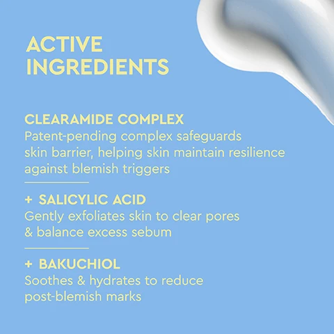 Image 1 - Image on a light blue background with a white swirl on the top right corner displays the text: Active Ingredients: Clearamide Complex, Patent-pending complex safeguards skin barrier, helping skin maintain resilience against blemish triggers; + Salicylic Acid, Gently exfoliates skin to clear pores & balance excess sebum; + Bakuchiol, Soothes & hydrates to reduce post-blemish marks. Image 2 - A light blue product bottle for BYOMA Blemish Control Moisturizer is centered on a light blue background, surrounded by yellow text highlighting its benefits and ingredients: KEY BENEFITS, MINIMIZES POST BLEMISH MARKS, SOOTHES & COMBATS ACTIVE BLEMISHES, BALANCES EXCESS SEBUM, ULTRA-LIGHTWEIGHT & OIL-FREE, REDUCES FREQUENCY OF BLEMISHES, BYOMA BLEMISH, BLEMISH CONTROL MOISTURIZER, Clearamide Complex™, Salicylic Acid, Bakuchiol, BOOSTED BARRIER. BETTER SKIN., 50ml / 1.69 fl.oz. Image 3 - A blue advertisement for Byoma Blemish Control Moisturizer, showing two white cream swirls and a list of benefits with the text: CLINICALLY PROVEN TO + Instantly hydrate skin up to 131% + Reduce TEWL + Reduce visible redness + Protect + maintain skin barrier, and on the product packaging BYOMA BLEMISH BLEMISH CONTROL MOISTURIZER Clearamide Complex™ + Salicylic Acid. Image 4 - A skincare infographic on a light blue background displays a 5-step routine alongside a light blue Byoma Blemish Control Moisturizer bottle, with text reading: STEP ROUTINE, AM & PM, STEP 1 CLEANSE, STEP 2 TONE/MIST, STEP 3 TREAT, STEP 4 MOISTURIZE BLEMISH CONTROL MOISTURIZER, STEP 5 PROTECT, and the bottle itself features text: BYOMA BLEMISH BLEMISH CONTROL MOISTURIZER Clearamide Complex™ + Salicylic Acid + Bakuchiol BOOSTED BARRIER. BETTER SKIN. 50ml / 1.69 fl.oz. Image 5 - A split image showing a persons face before treatment on the left with redness and blemishes, and after 4 weeks of progress on the right with clearer, less red skin. Visible text reads: BEFORE, 4 WEEKS PROGRESS. Image 6 - A close-up of a persons face applying a creamy white product to the cheek, with visible blemishes, and four icons on the left stating Dermatologist Tested, Vegan Friendly, Clinically Proven, Supports Skin Barrier.