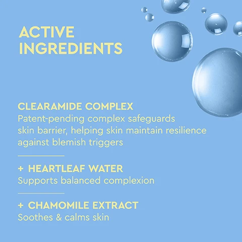 Image 2 - An image on a light blue background with translucent bubbles lists active ingredients: ACTIVE INGREDIENTS, CLEARAMIDE COMPLEX Patent-pending complex safeguards skin barrier, helping skin maintain resilience against blemish triggers, + HEARTLEAF WATER Supports balanced complexion, + CHAMOMILE EXTRACT Soothes & calms skin. Image 3 - A light blue rectangular bottle of BYOMA Blemish Redness Relief Soothing Toner is shown on a light blue background with yellow text highlighting its benefits, including Key Benefits, Ultra-Lightweight Mist, Soothes Sensitive, Visibly Red Skin, Supports Skin Barrier, Improves Skin Hydration, and the bottle itself reads BYOMA Blemish, Redness Relief Soothing Toner, Clearamide Complex™, + Heartleaf Water, + Chamomile Extract, Boosted Barrier. Better Skin, 100ml / 3.38 fl.oz. Image 4 - A light blue background with yellow text on the left and water droplets on the right lists: CLINICALLY PROVEN TO + Improve skin barrier up to 60% after 1 hour + Improve hydration instantly by 44% + Improve skin texture + Reduce visible redness + Protect + maintain skin barrier. Image 5 - A blue background displays a skincare routine on the left with yellow text: STEP ROUTINE AM & PM, followed by Step 1 Cleanse, Step 2 Tone/Mist Redness Relief Soothing Toner, Step 3 Treat, Step 4 Moisturise, Step 5 Protect, and on the right is a light blue square bottle with the brand name BYOMA BLEMISH and product details: BOOST YOUR BARRIER, Redness Relief Soothing Toner, Clearamide Complex™, + Heartleaf Water, + Chamomile Extract, BOOSTED BARRIER. BETTER SKIN. 100ml / 3.38 fl.oz, with a miniature routine also listed on the side of the bottle. Image 6 - A split image showing a close-up of a persons skin, with the left side displaying visible acne, redness, and blemishes before treatment, and the right side showing the same skin after 4 weeks with significantly reduced acne and improved clarity. Text on the image reads BEFORE and 4 WEEKS PROGRESS. Image 8 - A close-up of a persons face with brown eyes and glossy lips, looking upwards, with a blue product container near their chin, set against a blue background displaying four yellow icons labeled Dermatologist Tested, Vegan Friendly, Clinically Proven, and Supports Skin Barrier.
