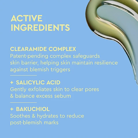 Image 1 - A light blue background with a swirl of green and light blue liquid in the top right, featuring text that reads: ACTIVE INGREDIENTS CLEARAMIDE COMPLEX Patent-pending complex safeguards skin barrier, helping skin maintain resilience against blemish triggers + SALICYLIC ACID Gently exfoliates skin to clear pores & balance excess sebum + BAKUCHIOL Soothes & hydrates to reduce post-blemish marks. Image 2 - A light blue rectangular bottle of BYOMA Blemish Clearing Body Wash is centered on a light blue background, with yellow text highlighting KEY BENEFITS around it: HELPS PREVENT FUTURE BLEMISHES, GENTLY EXFOLIATES DEAD SKIN CELLS WITHOUT STRIPPING, REDUCES POST-BLEMISH MARKS, and SUPPORTS SKINS MICROBIOME, while the bottle itself reads BYOMA BLEMISH, BLEMISH CLEARING BODY WASH, Formulated for Blemish Prone Skin, Clearamide Complex™, + Salicylic Acid, + Bakuchiol, BARRIER BOOSTING BODYCARE, 300ml / 10.14 fl oz. Image 3 - A split image showing a light blue panel on the left with text, and on the right, a close-up of a viscous yellow liquid with bubbles. The text reads: CLINICALLY PROVEN TO + Increase hydration up to 80% in just 1 hour + Reduce size of blemishes up to 74% after 4 weeks + Reduce visible redness + Protect + maintain skin barrier. Image 4 - A light blue background displays a five-step skincare routine on the left and a Byoma Blemish Clearing Body Wash bottle on the right, with visible text including STEP ROUTINE AM & PM, STEP 1 EXFOLIATE, STEP 2 CLEANSE BLEMISH CLEANSING BODY WASH, STEP 3 TREAT, STEP 4 MOISTURIZE, STEP 5 PROTECT, and on the bottle BYOMA BLEMISH BLEMISH CLEARING BODY WASH Formulated for Blemish Prone Skin Clearamide Complex™ Salicylic Acid Bakuchiol BARRIER BOOSTING BODYCARE 300ml / 10.1 fl oz. Image 5 - A hand lathers white foam onto a leg or arm, with four yellow-outlined icons on a blue background stating Dermatologist Tested, Vegan Friendly, Clinically Proven, and Supports Skin Barrier.