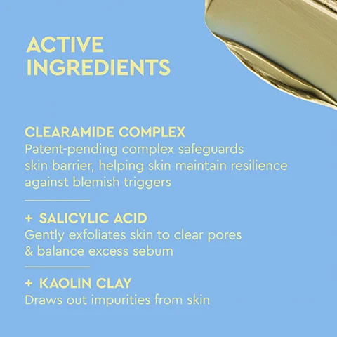 Image 1 - The image shows product information on a light blue background with a smudge of green clay in the top right corner, displaying the text: ACTIVE INGREDIENTS, CLEARAMIDE COMPLEX, Patent-pending complex safeguards skin barrier, helping skin maintain resilience against blemish triggers, + SALICYLIC ACID, Gently exfoliates skin to clear pores & balance excess sebum, + KAOLIN CLAY, Draws out impurities from skin. Image 2 - A light blue squeeze tube of Byoma Blemish Blemish Clearing Paste featuring Clearamide Complex, Salicylic Acid, and Kaolin Clay is shown on a light blue background, with surrounding text highlighting its Key Benefits: Soothes & Combats Blemishes, Acts as a magnet to extract impurities, Reduces post-blemish marks, Improves redness within 30 minutes, and Boosted Barrier. Better Skin. Image 3 - A split image showing a pale blue background on the left and a textured, olive-green cream on the right, with the text Clinically Proven To + Decrease visible redness after 30 minutes + Reduce size of spots + Protect + maintain skin barrier. Image 4 - A light blue image shows a skincare routine outline on the left and a product tube on the right, with visible text reading STEP ROUTINE, AM&PM, STEP 1 CLEANSE, STEP 2 TONE/MIST, STEP 3 TREAT BLEMISH CLEARING PASTE, STEP 4 MOISTURIZE, STEP 5 PROTECT, and on the tube BYOMA BLEMISH BLEMISH CLEARING PASTE Ceramíde Complex™ Salicylic Acid Kaolin Clay BOOSTED BARRIER. BETTER SKIN. Image 5 - A close-up split image compares skin before and after treatment, showing inflamed acne and blemishes on the left side and clearer skin with reduced redness on the right side. BEFORE AFTER. Image 6 - A person applies a green-tinted product to their cheek with a finger, while the left side of the image features four circular icons with text: Dermatologist Tested, Vegan Friendly, Clinically Proven, Supports Skin Barrier.
