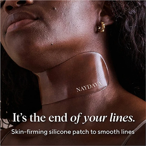 Image 1 - A person with dark skin wears a transparent, contoured neck patch with NAYDAYA visible on it, along with text reading Its the end of your lines. Skin-firming silicone patch to smooth lines. Image 2 - A before and after comparison of a persons neck, showing visible wrinkles on the left and smoother skin on the right. Text reads: AT BEDTIME, MORNING RESULTS, Results after first use, Linda, 74 years old. Image 3 - The image shows a persons neck and upper chest in a before-and-after comparison, with the left side labeled AT BEDTIME displaying more lines and redness, and the right side labeled MORNING RESULTS showing smoother skin, with a bottom banner reading Results after first use and Hannah 30 years old. Image 4 - A close-up of a persons neck with a translucent silicone wrinkle shield applied, featuring a diagram demonstrating the silicone neck wrinkle shield creating a restoring microclimate and moisture through occlusion skincare technology, with the brand name NAYDAYA visible on the shield. Image 5 - A hand peels a clear silicone patch from a reddish-brown surface, with accompanying text reading Reuse up to 15 times, 100% medical-grade silicone, Suitable for sensitive skin, Dermatologically approved, and Occlusion Skincare Technology.